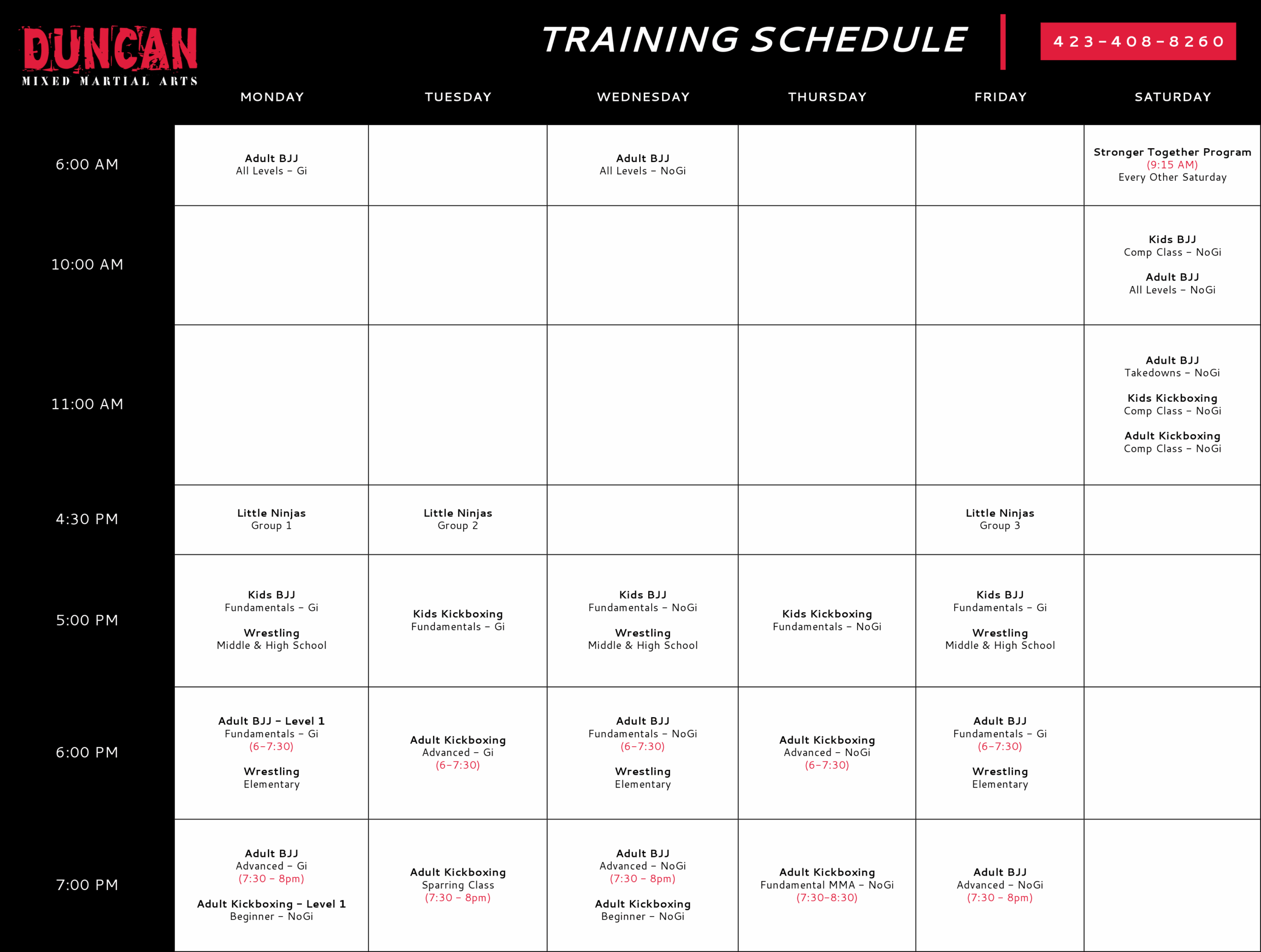 Duncan MMA Complete Schedule Duncan MMA Schedule - Updated Sept 2026